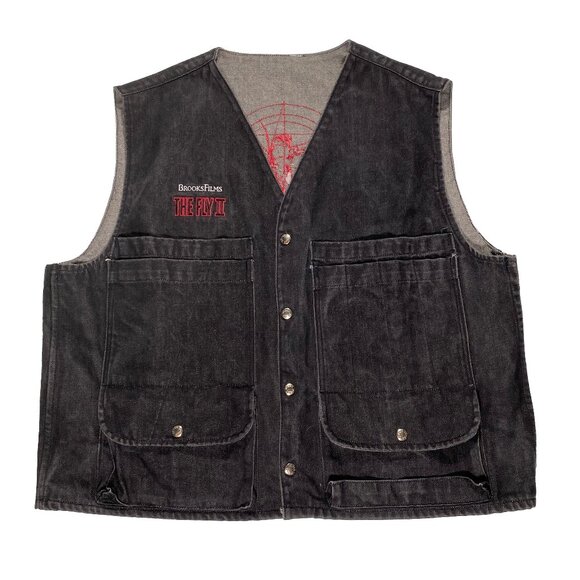 Vintage 1989 'The Fly 2' Faded Black Denim Embroidered Work Vest - Picture 1 of 8